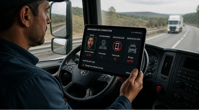 Conductor revisando alertas ADAS y DMS en una tablet