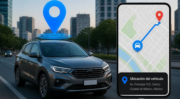 Vehículo con monitoreo GPS y mapa de ubicación en un teléfono
