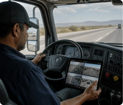 Conductor revisando cámaras de seguridad en una tablet
