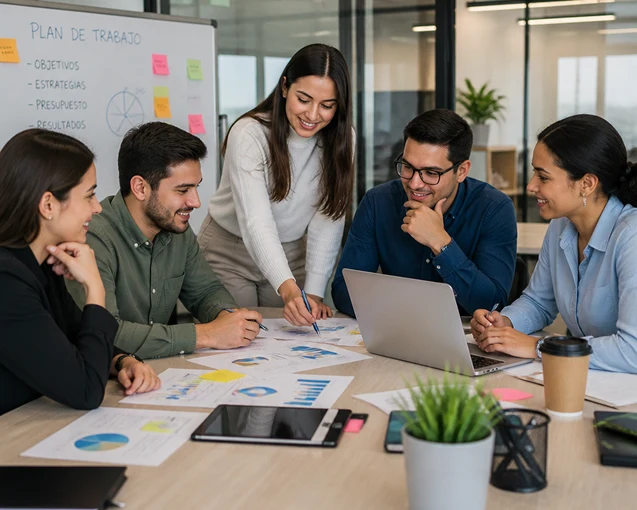 Equipo de trabajo revisando planes operativos